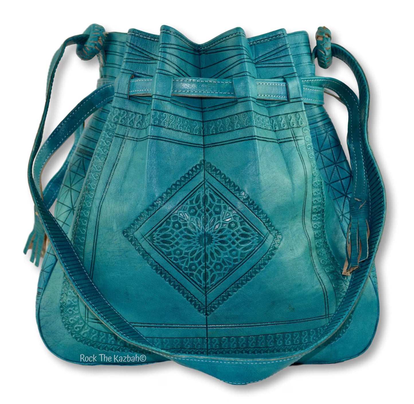 Large Moroccan Leather Bucket Bag – Turquoise Blue