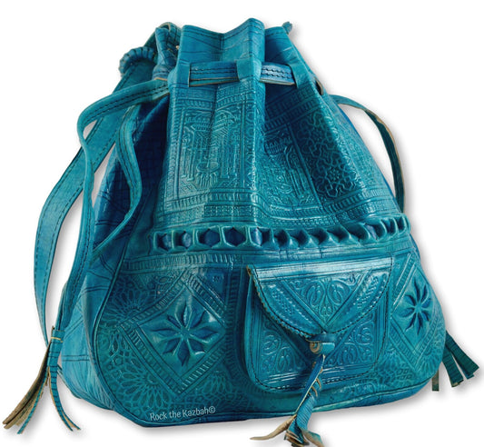 Large Moroccan Leather Bucket Bag – Turquoise Blue