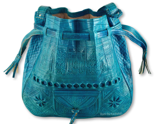 Large Moroccan Leather Bucket Bag – Turquoise Blue