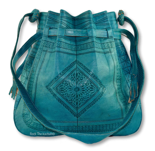 Large Moroccan Leather Bucket Bag – Turquoise Blue