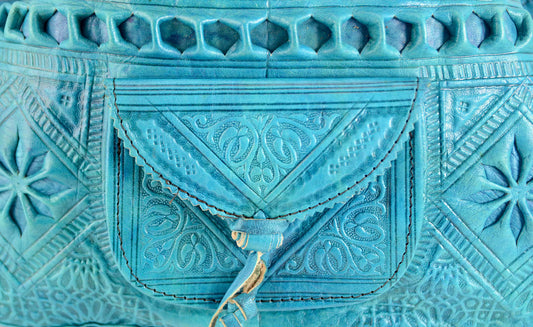 Large Moroccan Leather Bucket Bag – Turquoise Blue