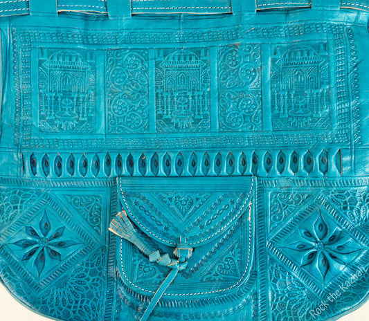 Large Moroccan Leather Bucket Bag – Turquoise Blue